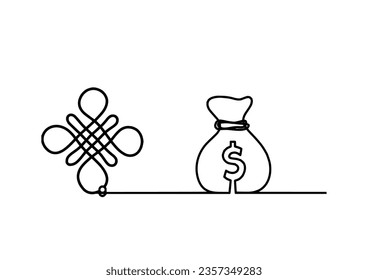 Sign of endless auspicious question mark with dollar as line drawing on the white background. Vector