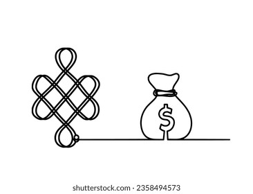 Sign of endless auspicious question mark with dollar as line drawing on the white background. Vector
