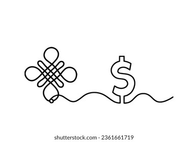 Sign of endless auspicious question mark with dollar as line drawing on the white background. Vector