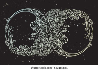 Sign of the eternity or infinity. Artistic decorative interpretation of the mathematical symbol with rose garland and water splashes. Concept design for the tattoo, colouring book or postcard. EPS10 .