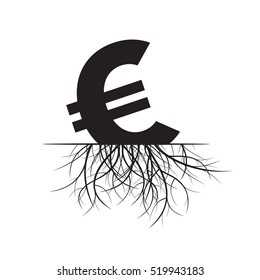 Sign of Euro and Roots. Black Vector Illustration.