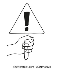 Unterschreiben Sie mit Ausrufezeichen in Hand im Doodle-Stil. Hand hält Poster mit Aufmerksamkeitszeichen. Vektorgrafik, handgezeichnet. 