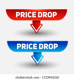 Zeichen fallender Preise. Rotes und blaues Banner, Preisschild, Label. Sprechen Sie Blase sinkenden Preis.
