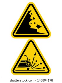 sign of falling rocks and slippery road sign