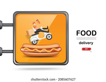 A sign of a fast food restaurant with a scooter driver wearing a sausage and holding a can of soda in his hand for food delivery concept design,vector character 3d isolated on white background