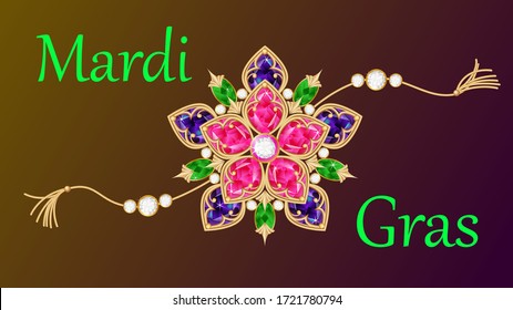 a sign of the festival of Mardi Gras with precious stones set in gold