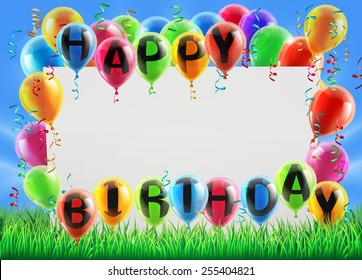 A sign in a field with balloons reading Happy Birthday. Great for a birthday party invite or similar