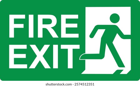 Sign fire exit. Green sign evacuation exit. Designations location emergency evacuation exit. Quick and safe exit from a building or facility in case emergency. Direction a safe area. Iso 7010.