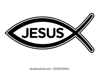 Sign of the fish symbol with the name Jesus in capital letters written inside. Early Christianity symbol consisting of two intersecting arcs, also known as ichthys or ichthus, the Greek word for fish.