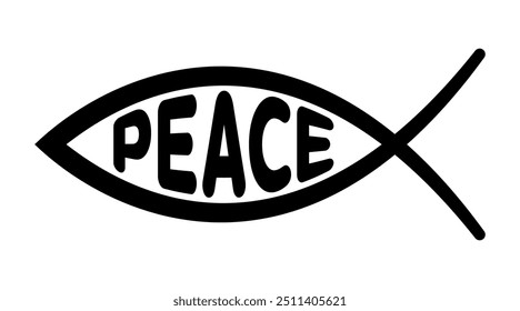 Signo del símbolo del pez con la palabra paz en mayúsculas. Peces de Jesús, un símbolo del cristianismo primitivo, que consta de 2 arcos que se cruzan, también llamados ichthys o ichthus, la palabra griega para peces.