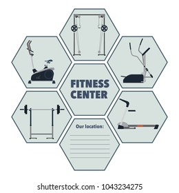 sign of the fitness center with the address block and the image of various training equipment: stationary bike, treadmill, elliptical trainer, stand with a barbell, crossover. Poster. Vector