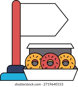 Ein Schild mit einer Flagge und drei Donuts. Die Donuts sind in einer Kiste. Die Fahne ist auf einem Pol