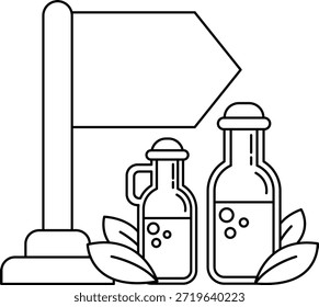A sign with a flag and two bottles of liquid is displayed. The sign is pointing towards the bottles, indicating that they are important or worth noting