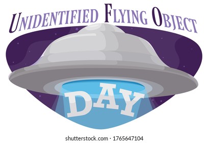 Sign with flying saucer or Unidentified Flying Object abducting the commemorative sign for UFO Day.
