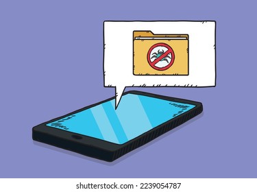 A sign forbidding computer worms and viruses located on cloude from phone screen. This sign indicates that the antivirus is running. Vector hand drawn illustration.
