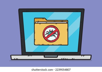 A sign forbidding computer worms and viruses located on a laptop screen. This sign indicates that the antivirus is running. Vector hand drawn illustration.
