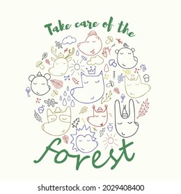 The sign of the forest animals in the circle take care of the forest