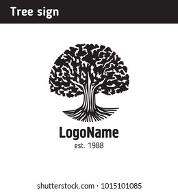 Sign in the form of an old tree with roots, in the style of engraving