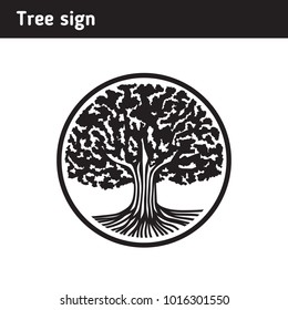 Sign in the form of an old tree with roots, in the style of engraving