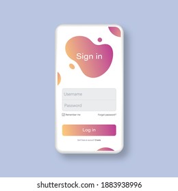 Sign in form page template on white smartphone. Mobile phone mockup with login application with password form window. Vector