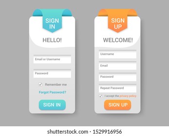 Sign in and sign up form pages with different text fields and buttons. Isolated vector illustration