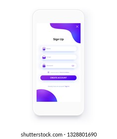 Sign Up Form. Registration Screen. Log In Page. Mobile App UI Kit. Trendy Purple Colors. Mockup Of White Smartphone.