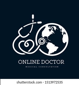Sign in the form of a stethoscope in the shape of the heart and globe. Can be used as a logo for online medicine, telemedicine or earth day. Vector illustration