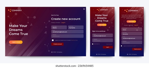 Sign Up and Sign In forms page template. Red and blue. User-friendly design materials. vector	
