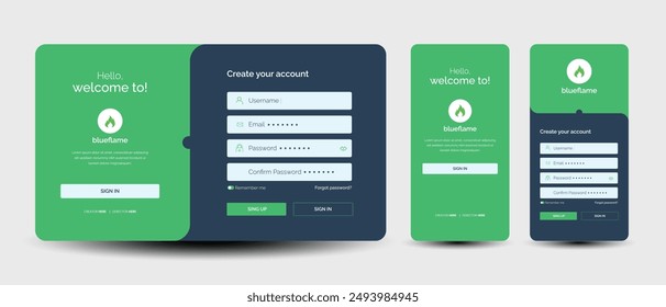 formularios de Iniciar sesión. Página de formularios de registro y Inicio de sesión y Contraseña para App móvil. Plantilla de Sitio web de sobremesa y Vector móvil.