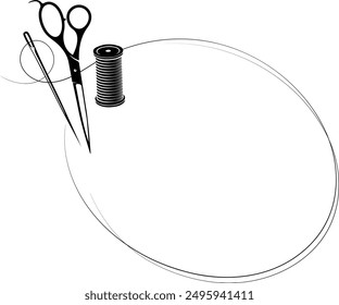 Sign frame with needle and thread, scissors and spool