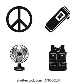 Sign of Freedom, a hair clipper and other web icon in black style. a fan, body armor icons in set collection.
