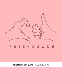 Sign of friend zone. One hand showing thumb up. Second hand showing heart part.