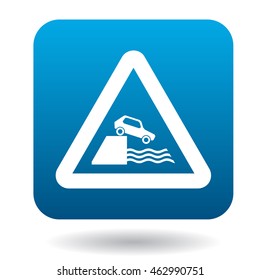 Sign in front of cliff icon in simple style in blue square. Rules of the road symbol