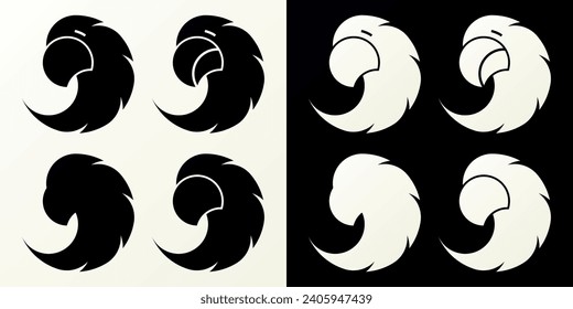 Sign with a funny sarcastic isolated parrot for logo design, icons, emblems, identity cards. Unusual bird symbol in black and white set. Stylish eye-catching brand sign. Vector graphic illustration.