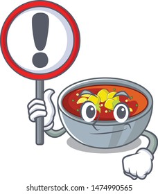 With sign gazpacho is poured into cartoon bowl