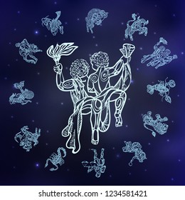 sign of gemini and set with signs of zodiac on space