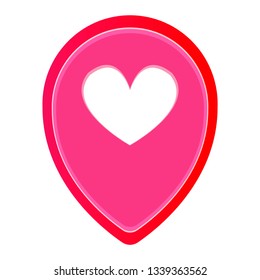 Sign of geolocation. Map pointer icon. Symbol of navigation with the silhouette of the heart. Vector illustration in cartoon style.