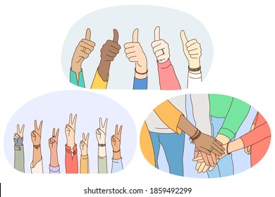 Sign and gesture language, hands emotion expression concept. Hands of mixed race people showing thumbs up sign, peace fingers sign and making heap of hands showing teamwork and mutual support 