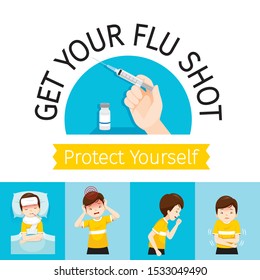 Sign Of Get Your Flu Shot, Injecting Flu Vaccine, Man With Influenza Symptoms, Influenza, Injection, Vaccination, Immunity, Protection, Prevention, Healthy