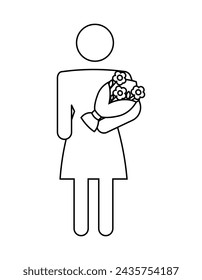 Sign of a girl carrying flowers. Vector icon of a gift for a girl. Illustration of a girl icon with a gift from her boyfriend, husband. Suitable for web design,  poster, sticker, logo. EPS10
