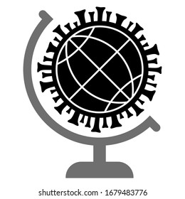 Sign "Globe and virus". Pandemic medical concept with dangerous cells. Vector illustration isolated on white background.