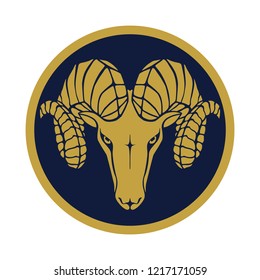 Sign gold head ram. Icon aries in the blue circle isolated on white background. Symbol argali. Vector illustration