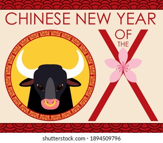 Sign with golden button with ox face, greeting and peach flower, ready to celebrate Chinese New Year.