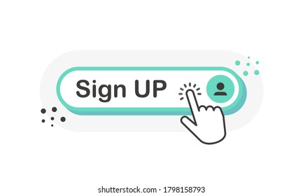 SIGN UP green 3D button with mouse pointer clicking. White background. Vector illustration.