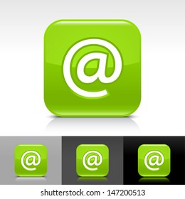 At sign green glossy icon. Rounded square web internet button with white pictogram with shadow and reflection on white, gray, and black backgrounds. Vector illustration design element save in 8 eps 