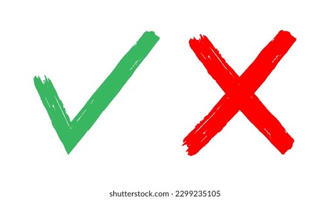 Sign green tick and red cross. Checking handwriting symbols, positive and negative choice icon, select yes or no signs on white background. Vector. Accepting or rejecting option, checklist