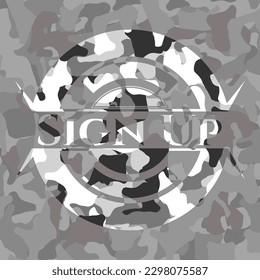 Sign Up grey camo emblem. Vector Illustration. 