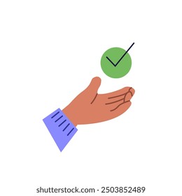 Sign with hand holding check mark. Concept of checklist, task done, success, right decision. Best choice hand gesture. Sign of request approved. Vector illustration in flat design for banner, UI