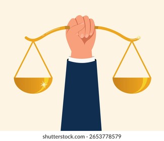 Sinal de mão segurando escamas para a justiça. Equilíbrio e justiça para conceito de liderança. Responsabilidade social e integridade para ganhar confiança.