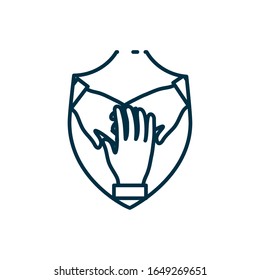 Sign with hands inside shield line style icon design of People arm finger person learn communication healthcare theme Vector illustration